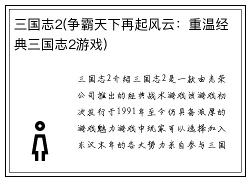 三国志2(争霸天下再起风云：重温经典三国志2游戏)